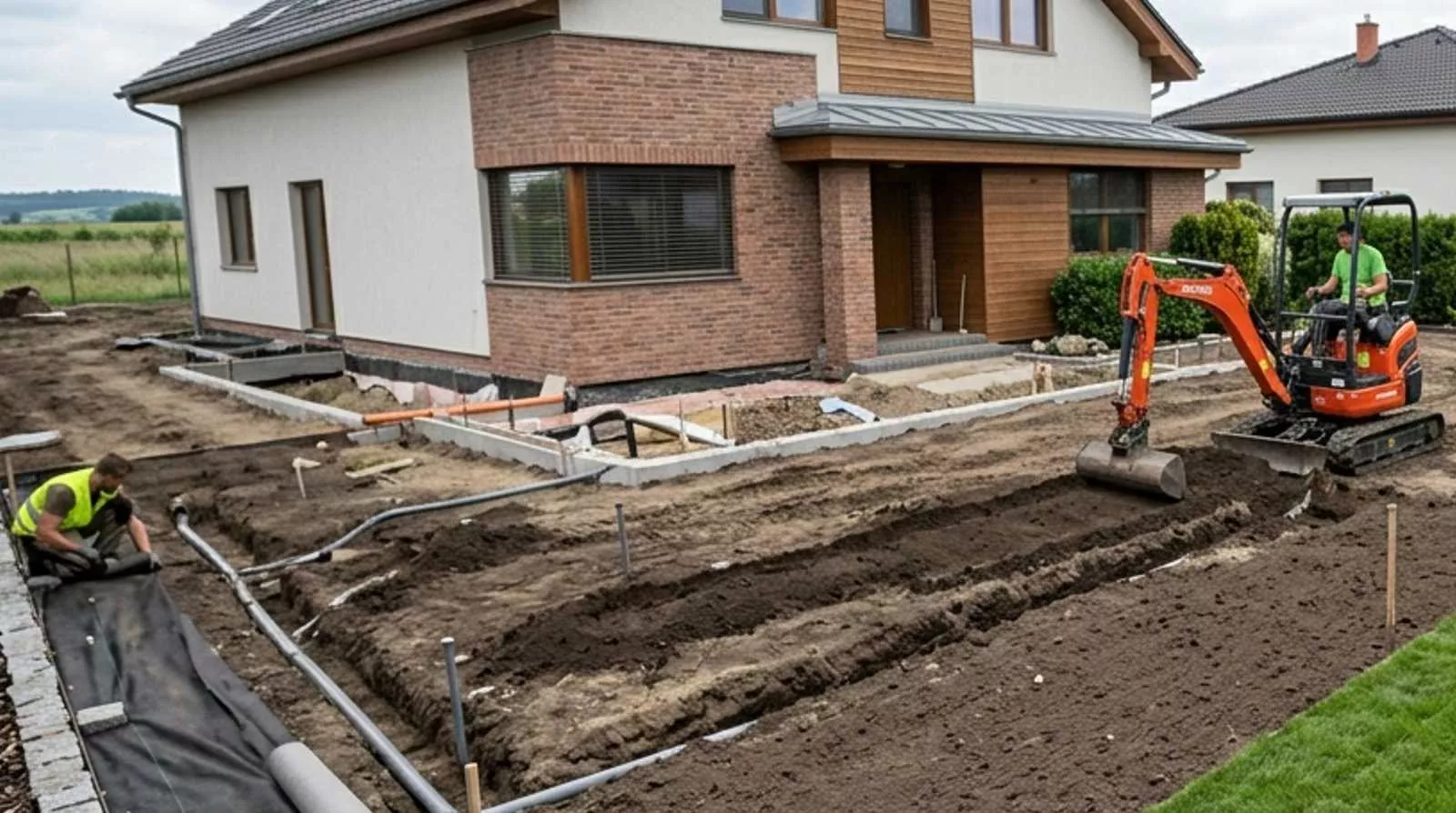 Prázdný pozemek před realizací zahrady, terénní úpravy a příprava infrastruktury